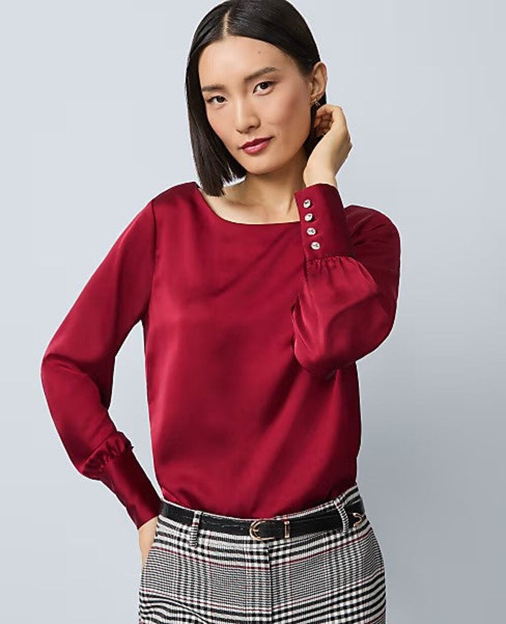 Ann Taylor Satin Boat Neck Long Sleeves Popover - M